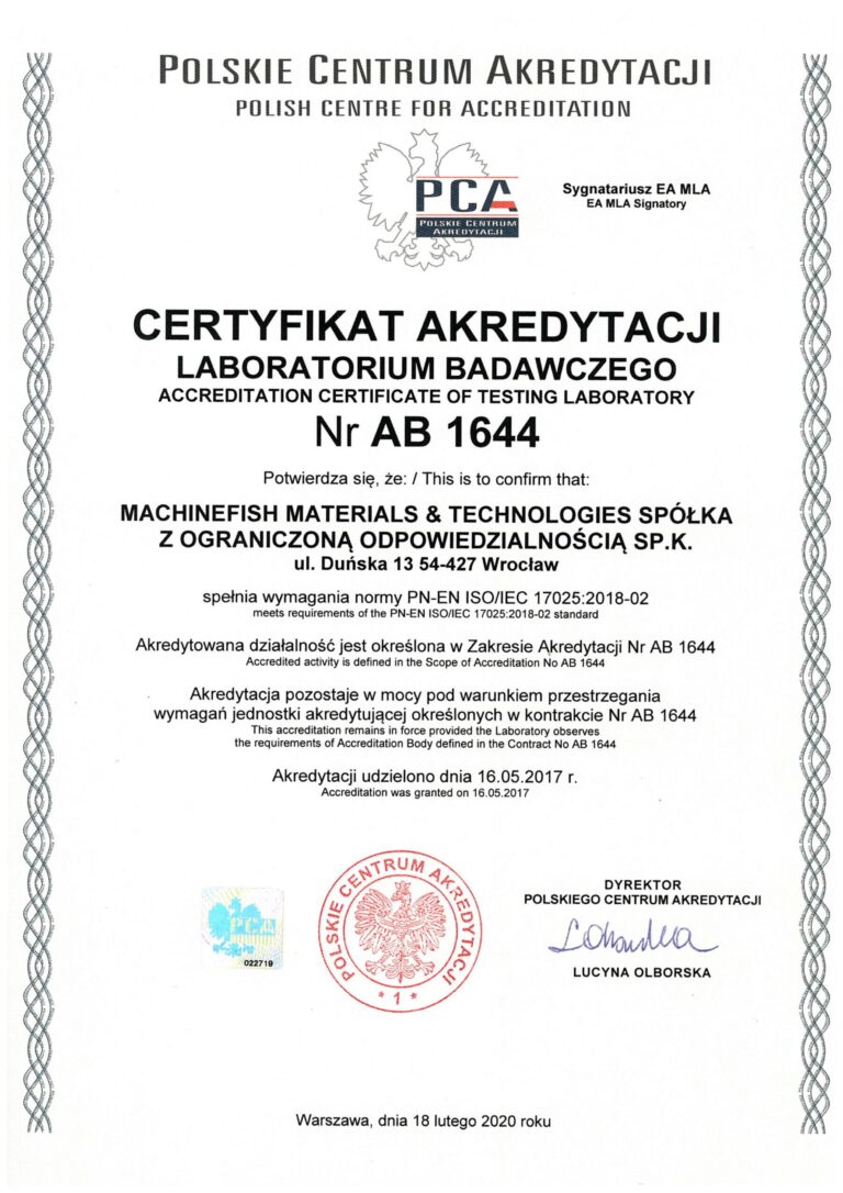 Certyfikat Akredytacji NR AB 1644