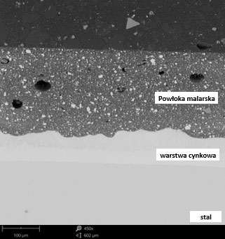 Widok elementu stalowego z naniesioną warstwą cynkową oraz powłoką malarską mikroskop